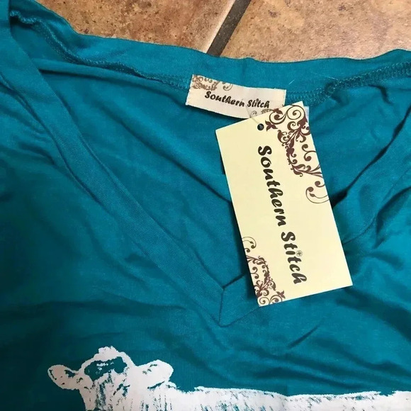 Southern Stitch "Herd Dat" Cow T-Shirt Turquoise  Size L - Picture 3 of 4